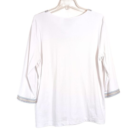 Alfred Dunner Floral Embroidered Tunic Women’s L White Pearl Beaded Boho Coastal - Picture 5 of 5